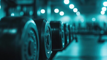 Fototapeta premium A close-up view of dark dumbbells lined up in a contemporary gym ambient, showcasing their sleek design and the vibrant atmosphere filled with motivational energy.