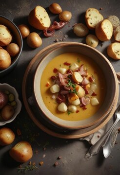 Bouneschlupp Soup with Crispy Bacon and Potatoes, golden brown, meaty flavor , hearty soup
