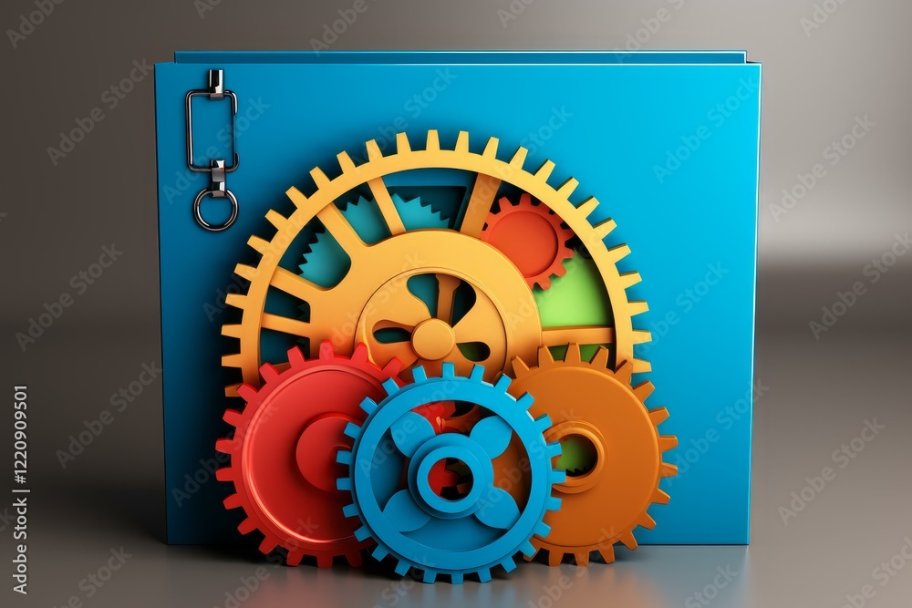 Poster interlocking colorful gears symbolize teamwork and precision in data protection and access control