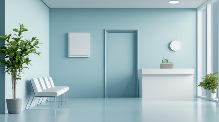 bright and airy health clinic reception area featuring minimalist design, light blue walls, and modern furniture. space includes plants for refreshing atmosphere