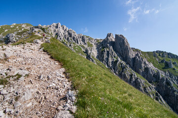 Top of southern Grigna meridionale end Torrioni Magnaghi from Cermenati ridge trail, Orobic Alps, Lecco, Lombardy, Italy.