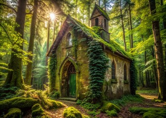 Obraz premium Overgrown Rustic Abandoned Chapel in Deep Woods - Stock Photo