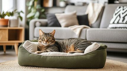 cat lounging on soft pet bed in cozy living room, surrounded by modern furniture and plants, exuding relaxed and comfortable atmosphere