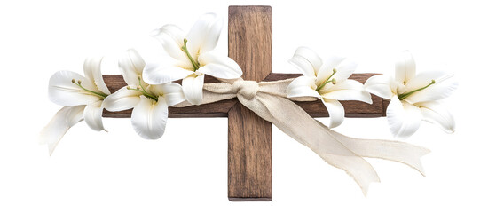 Wooden cross adorned with white lilies and a silk ribbon on a white background, perfect for religious events  - 