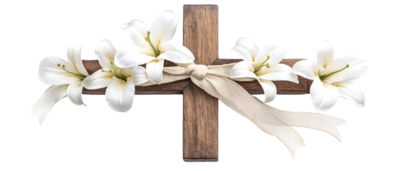 Wooden cross adorned with white lilies and a silk ribbon on a white background, perfect for religious events  - 