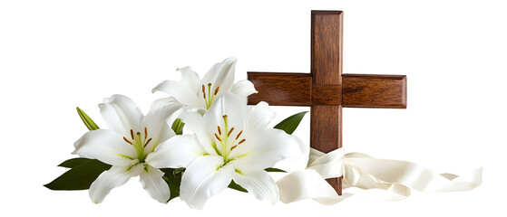 Wooden cross adorned with white lilies and a silk ribbon on a white background, perfect for religious events  - 