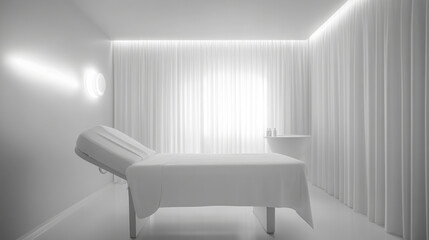 Fototapeta premium clean and minimalistic spa treatment room featuring white treatment bed, soft lighting, and sheer curtains, creating serene and calming atmosphere for relaxation