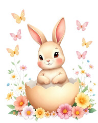 Cute Easter Bunny Peeking from an Egg, Spring Floral Design