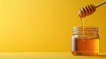 This visual showcases pure honey elegantly drizzling from a wooden spoon into a clear glass jar, emphasizing the vibrant yellow color and inviting texture of the substance.
