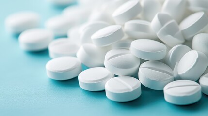 An assortment of round white tablets scattered on a soft blue surface highlights the medical theme, emphasizing health, wellness, and the importance of medication in daily life.