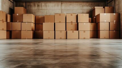 A towering assembly of cardboard boxes fills a garage space, symbolizing organization, potential change, and a practical approach to storage and moving.