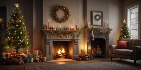 Obraz premium Christmas tree and fireplace with festive decorations, garlands, twinkling lights, christmas tree