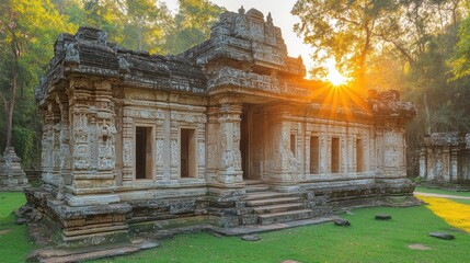Ancient stone temple at sunrise, nestled amongst lush green foliage.