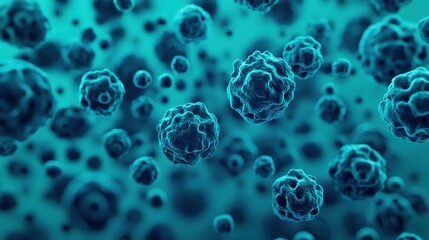 A close-up view of microorganisms, showcasing various shapes and sizes, set against a vibrant blue-green background.