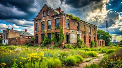 Fototapeta premium Derelict Building in Empty Lot: Crumbling Structure, Overgrown Weeds, Urban Decay Stock Photo