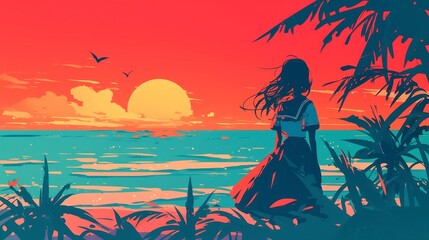 City Pop Serenity, a vibrant 1980 anime illustration of a young woman strolling a quiet beach at dusk, featuring bold outlines, simple colors, and a tranquil cool palette.