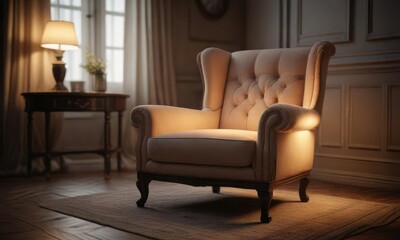 Classic armchair in a cozy atmosphere with soft lighting, gentle illumination, peaceful ambiance