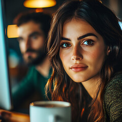 Female Employee in Casual Attire Attending an Online Office Meeting While Holding a White Coffee Mug

