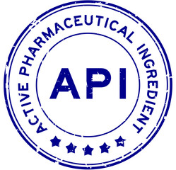 Grunge blue API Active Pharmaceutical Ingredient word round rubber seal stamp on white background