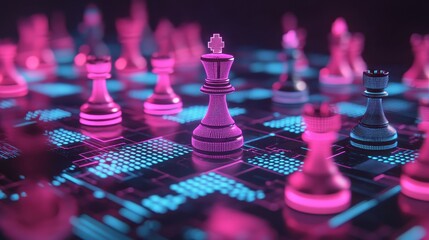 A vibrant chessboard with illuminated pieces, showcasing a futuristic creative element in shades of pink and blue.