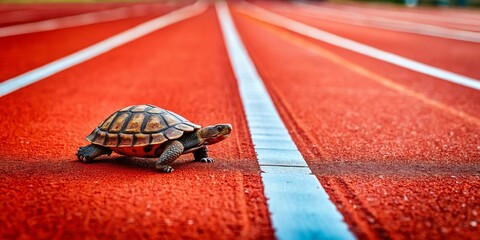 Determined Turtle on Red Track: Perseverance and Steady Progress