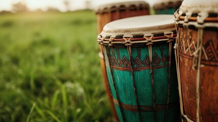 Fototapeta premium Artistic drums are positioned elegantly on a grassy landscape, capturing the interplay of colors and natural elements that suggest a festive spirit and connection to nature.