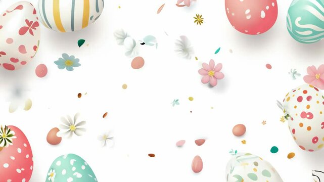 Easter Celebration: Colorful Eggs and Spring Flowers Falling on White Background