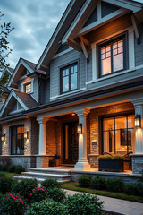 Fototapeta premium Luxury Home Exterior at Dusk: Modern Architecture, Stone Facade, and Warm Lighting