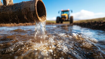 A polluted water flow from a pipe onto an agricultural field, highlighting the critical issues of environmental pollution and water management in farming practices.