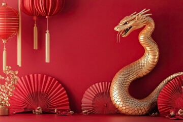 Fototapeta premium Red background wall with Chinese New Year decoration, golden cobra statue, and red paper fans hanging on it.