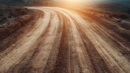 Naklejka premium A dirt road meanders into the glow of a golden sunset, showcasing the beauty of nature and the promise of adventure as the day draws to a close.