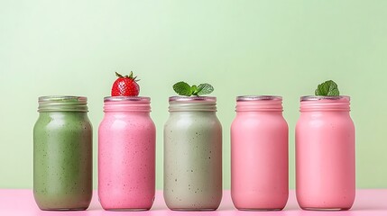 Vibrant mousse jars displayed on a pink surface food photography studio environment close-up shot sweet treats concept