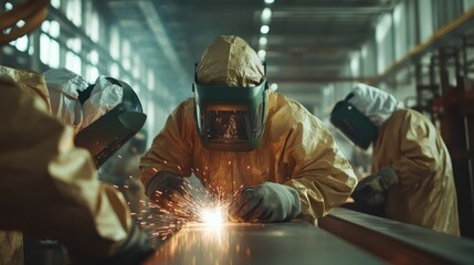 In a bright workshop, multiple welders skillfully operate equipment, creating vivid sparks while clad in protective gear, emphasizing the dynamic nature of industrial work.