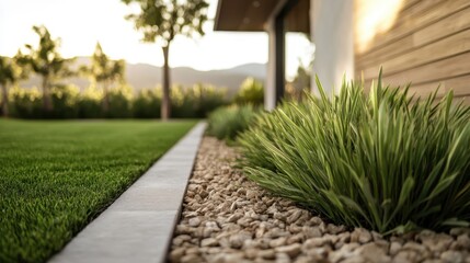 Obraz premium A scenic garden pathway framed by vibrant green foliage showcases a serene landscape, inviting individuals to explore the natural beauty and tranquility of outdoor spaces.