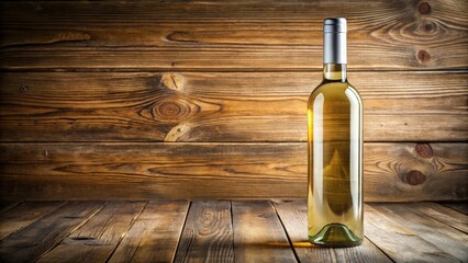 close-up shot of a bottle of white wine on a rustic wooden table, wine racks, vintage style