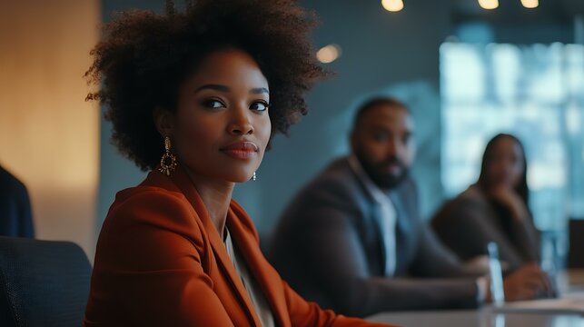 A Black businesswoman leaning on a conference table, engaging with her diverse colleagues in a modern workplace