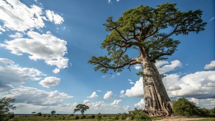 Ancient tree standing tall against a clear blue sky with clouds, outdoor, scenery, ancient