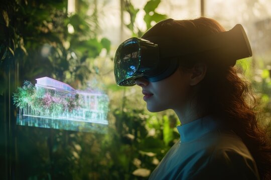 A woman wearing a VR headset experiences an immersive architectural design with lush greenery in a virtual environment.