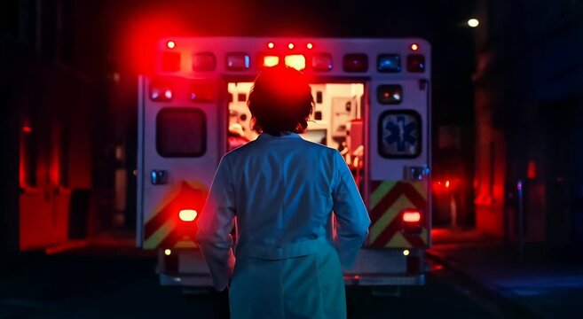 Medical Professional in White Coat Standing at Open Ambulance Doors at Night