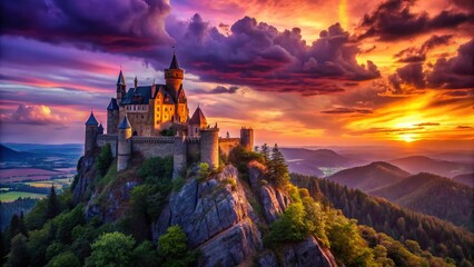 Obraz premium Panoramic Dark Castle Landscape: Mysterious Medieval Fortress at Dusk