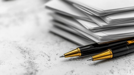 Close-up of elegant black and gold pens resting beside a stack of blank papers on a textured surface
