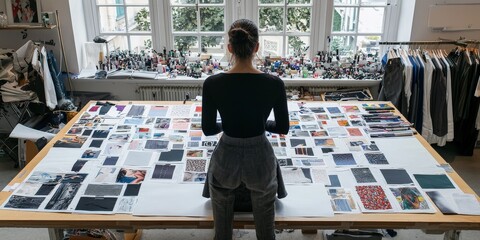 A fashion designer examining fabric swatches on a large desk in a light-filled studio