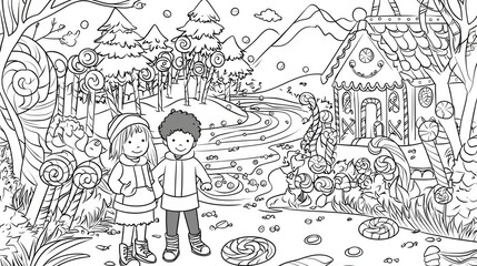 Fototapeta premium Coloring page of Children in Candyland Coloring Scene with Trees and House
