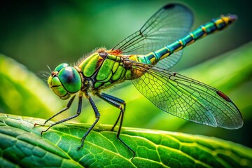 Dragonfly on Green Leaf - Nature Macro Photography