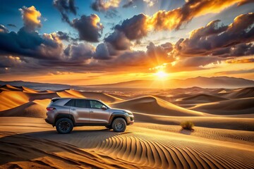 Obraz premium Panoramic Electric SUV Concept Car in Dramatic Desert Landscape