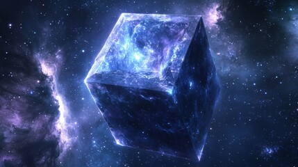 Obraz premium A glowing tesseract in a cosmic void surrounded by nebulae and starfields, radiating mystical hues