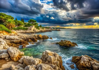 Dramatic Cloudy Sky Over Rocky Seashore, Cap d'Antibes, French Riviera