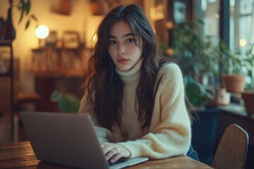 A young woman with long brown hair, wearing a cream-colored sweater, sits at a wooden table in a cafe, working on her laptop.