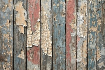 Close-up view of peeling paint on a weathered wooden door revealing layers of color and texture from age and exposure