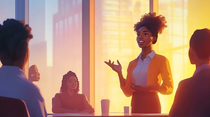 A Black woman presenting a new initiative to her team in a modern conference room filled with natural light